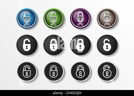 Lock Icons Set Realistic Closed and Opened, security flat design vector illustration in 4 colors options for web design and mobile applications Stock Vector