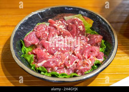 Closeup of a dish of marinated pork belly beef barbecue ingredients Stock Photo