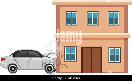 Car crashes building on white background illustration Stock Vector