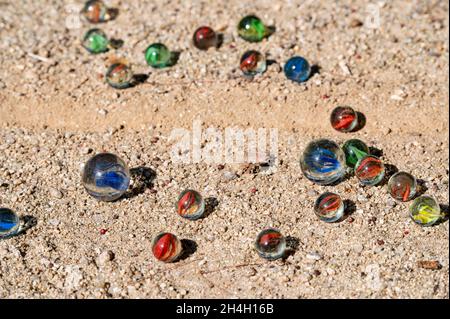 A collection of beads of various colors used in bead play, a traditional Korean game. Stock Photo