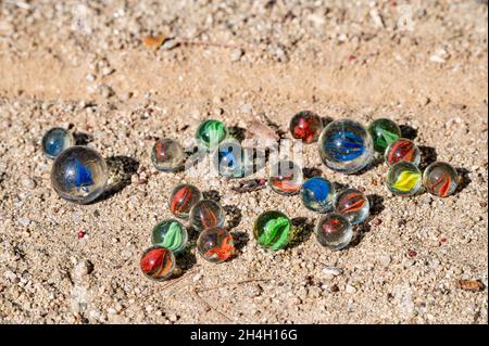 A collection of beads of various colors used in bead play, a traditional Korean game. Stock Photo