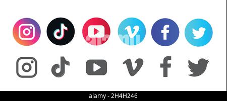 Round social media logotype collection: Facebook, TikTok, instagram, twitter, youtube, linkedin, snapchat, periscope, vimeo. Stock Vector