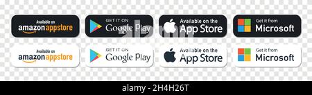 Kiev, Ukraine - November 7, 2021: Google Play Store, Amazon AppStore, Apple App Store, Microsoft store download Stock Vector