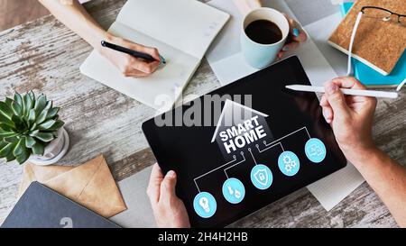 Smart home concept, control panel software on device screen. Stock Photo
