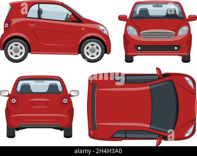 Small car vector template with simple colors without gradients and effects. View from side; front; back; and top Stock Vector