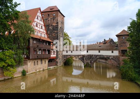 Weinstadel and Henkersteg on the River Pegnitz, Old Town, Nuremberg, Franconia, Bavaria, Germany Stock Photo