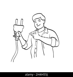 line art half length man holding big electric plug illustration vector isolated on white background Stock Vector