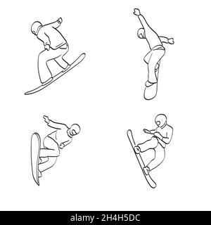line art set of snowboarder in action illustration vector isolated on white background Stock Vector