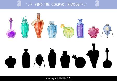 Find the correct shadow. Childrens educational fun. Find right black silhouette for bottles. Cartoon various magical potions, poisons and antidotes. V Stock Vector