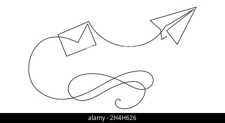 Paper plane continuous one line drawing. Concept of business messages and ideas. Minimalistic trend vector illustraation. Stock Vector