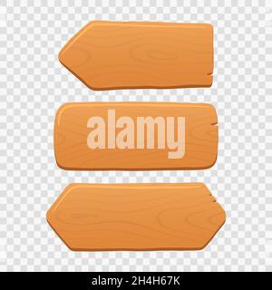 Wooden planks, boards and arrow set in cartoon style with cracked details. Interface element with wooden texture. Vector illustration isolated on Stock Vector