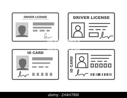 Set icon. Plastic ID cards, car driver license with male photo. Stock Vector