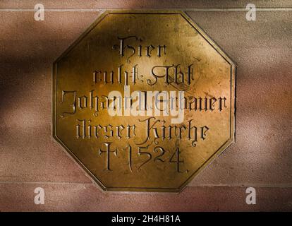 Gilded tomb inscription, memorial slab for Johann II, builder of the Lady Chapel, former monastery complex of St. Peter and Paul, Hirsau Monastery Stock Photo