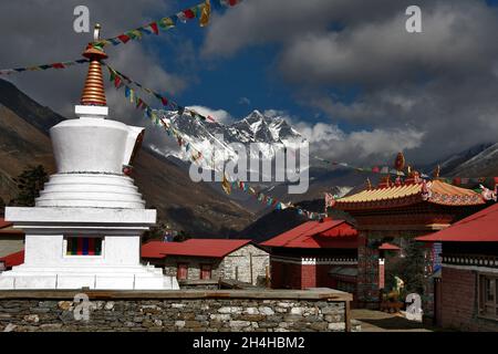 Monastery complex of Tengboche in Nepal with a view of Mount Everest and Lhotse Stock Photo