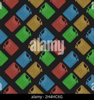 Colored Jerry Can Isolated on Black Background. Metal Fuel Container. Jerrycan Icon Seamless Pattern Stock Photo