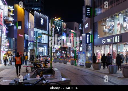 Busan, South Korea - March 24, 2016:City street with advertising signboards. Stock Photo