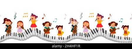 seamless border, girls with musical instruments stand on the piano keys. vector isolated on a white background. Stock Vector