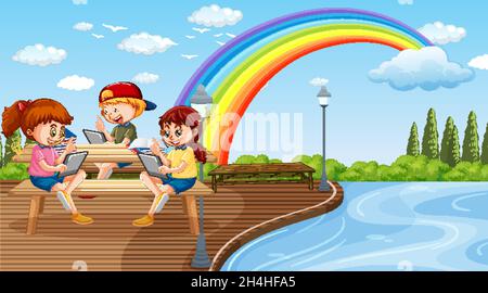 Kids leaning online with tablet in the park illustration Stock Vector