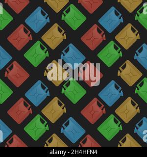 Colored Jerry Can Isolated on Black Background. Metal Fuel Container. Jerrycan Icon Seamless Pattern Stock Vector