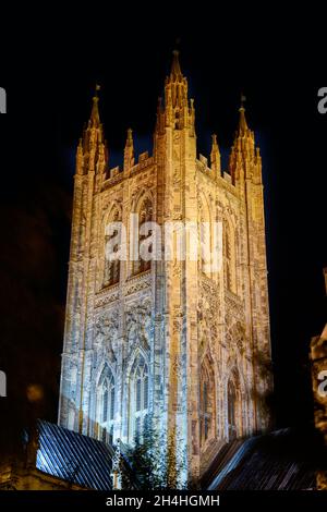 Nightime floodlit central tower of the cathedral at Canterbury, England. Stock Photo