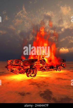 A Chevrolet Car On Fire Stock Photo