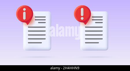 3d illustration set of document icon with info tag and error notification, isolated Stock Vector