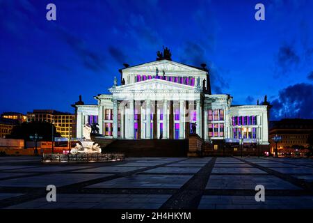 Konzerthaus Berlin Concert Hall and Schiller monument during the Festival of Lights, Gendarmen square, Unter den Linden, Berlin, Germany