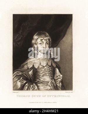 George Villiers, 2nd Duke of Buckingham, as a young boy. 20th Baron de Ros, KG, 1628-1687, English statesman, courtier, rake and poet. Mezzotint engraving by Robert Dunkarton after a portrait by Sir Anthony van Dyck from Richard Earlom and Charles Turner's Portraits of Characters Illustrious in British History Engraved in Mezzotinto, published by S. Woodburn, London, 1814. Stock Photo