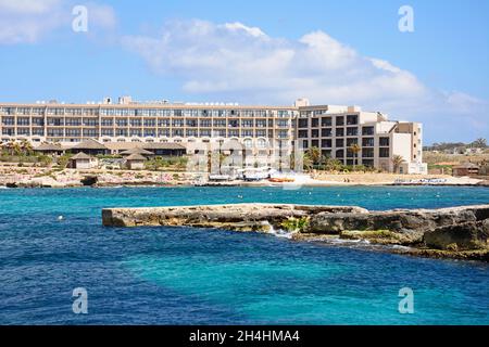 View of Ramla Bay Resort Hotel and beach, Ramla Bay, Malta, Europe. Stock Photo