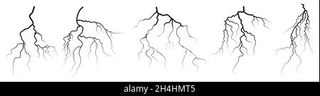 Set of vector silhouettes of thunderstorm lightning. Vector illustration  isolated on white Stock Vector