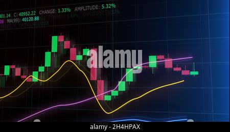 Candlestick graph chart with digital data. Display of Stock market trend of price. 3D render Stock Photo