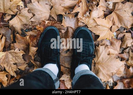 hiking boots in autumn on a path with leaves Stock Photo