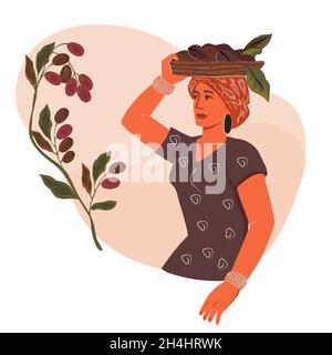 Coffee production emblem or logo with woman farmer and grains. Coffee growing industry. Coffeehouse cafe menu and drink packs design, flat vector illu Stock Vector