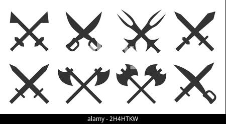 Medieval weapon set. Silhouettes of crossed steel arms, sword blade, sharp ancient knife, vintage saber, antique viking poleaxe. Military iron old daggers, longsword. Different eras war army equipment Stock Vector