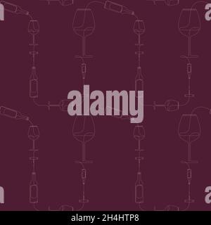 Seamless pattern with wine theme. Red background. Wineglass, bottle and corkscrew. Minimalistic graphics. One line drawing. Continuous line Stock Vector