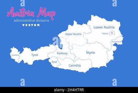 Austria map, administrative divisions whit names regions, blue background vector Stock Vector