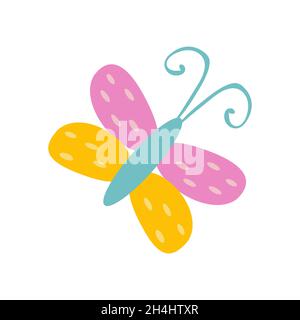 Cute butterfly drawn in simple primitive doodle style. Naive flat vector illustration isolated on white background Stock Vector