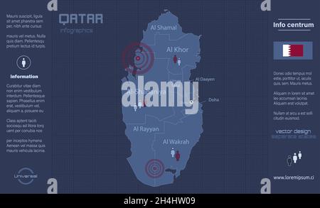 Qatar map, separate regions with names, infographics blue flat design vector Stock Vector