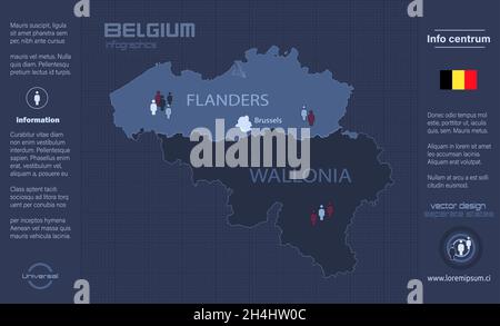 Belgium map, Provinces of Belgium, separate regions with names, infographics blue flat design vector Stock Vector