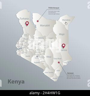 Kenya map, administrative division with names, blue white card paper 3D vector Stock Vector