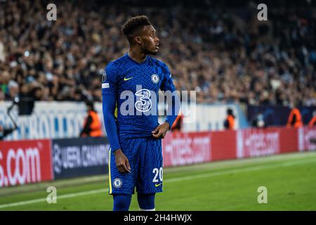 Malmo, Sweden. 02nd Nov, 2021. Callum Hudson-Odoi (20) of Chelsea FC seen during the Champions League match between Malmo FF and Chelsea at Eleda Stadion in Malmö. (Photo Credit: Gonzales Photo/Alamy Live News Stock Photo