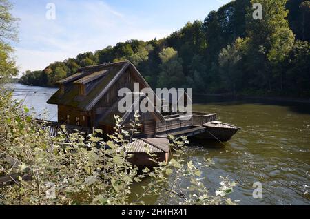 Mureck, Austria - September 24, 2021: Old ship mill on the river Mur, such mills were already used by the ancient Romans, the river forms the border b Stock Photo