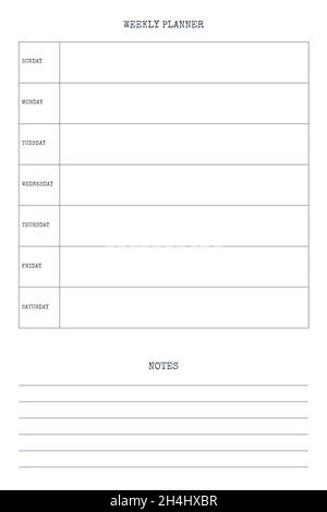 weekly personal planner diary template with type written font. Monthly calendar individual schedule minimalism restrained design for business notebook Stock Vector