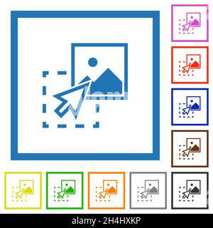 Drag image to upload flat color icons in square frames on white background Stock Vector