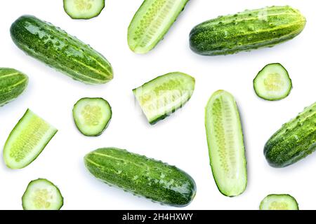 Cucumber set isolated on white background. Top view. Flat lay pattern Stock Photo