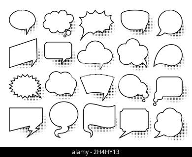 Speech bubble pop art set. Comic text frames with black halftone shadows. Vintage cartoon banners speak, think, idea sign. Retro empty cloud bubbles for message, chat, dialog on white background Stock Vector