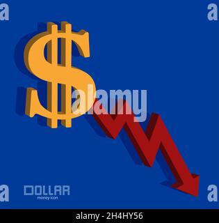 Dollar and chart, Bearish icon, falling price, background money, vector Stock Vector