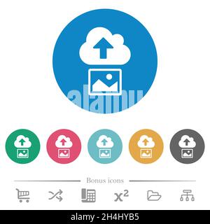 Upload image to cloud solid flat white icons on round color backgrounds. 6 bonus icons included. Stock Vector