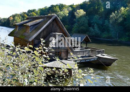Mureck, Austria - September 24, 2021: Old ship mill on the river Mur in Styria, such mills were already used by the ancient Romans, the river forms th Stock Photo