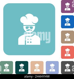 master chef with glasses and mustache white flat icons on color rounded square backgrounds Stock Vector